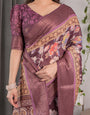 Plum Purple Handloom Linen Saree with Multicolor Floral Pallu & Antique Zari Border | 5.5m Saree + 0.8m Blouse with Tassels