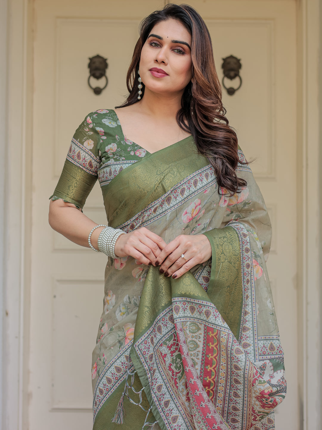 Olive Green Floral Printed Handloom Cotton Saree with Woven Zari Border & Traditional Pallu