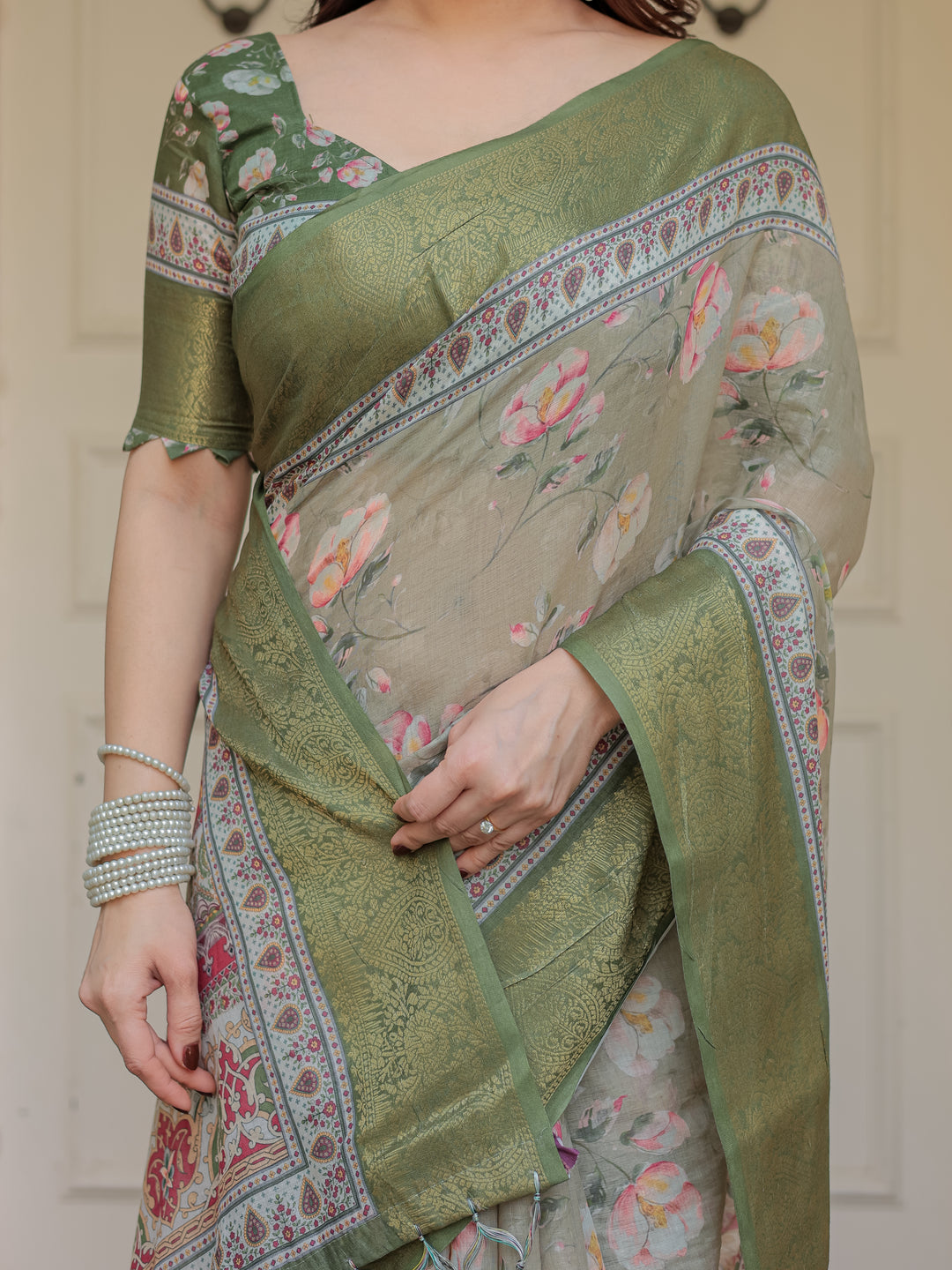 Olive Green Floral Printed Handloom Cotton Saree with Woven Zari Border & Traditional Pallu