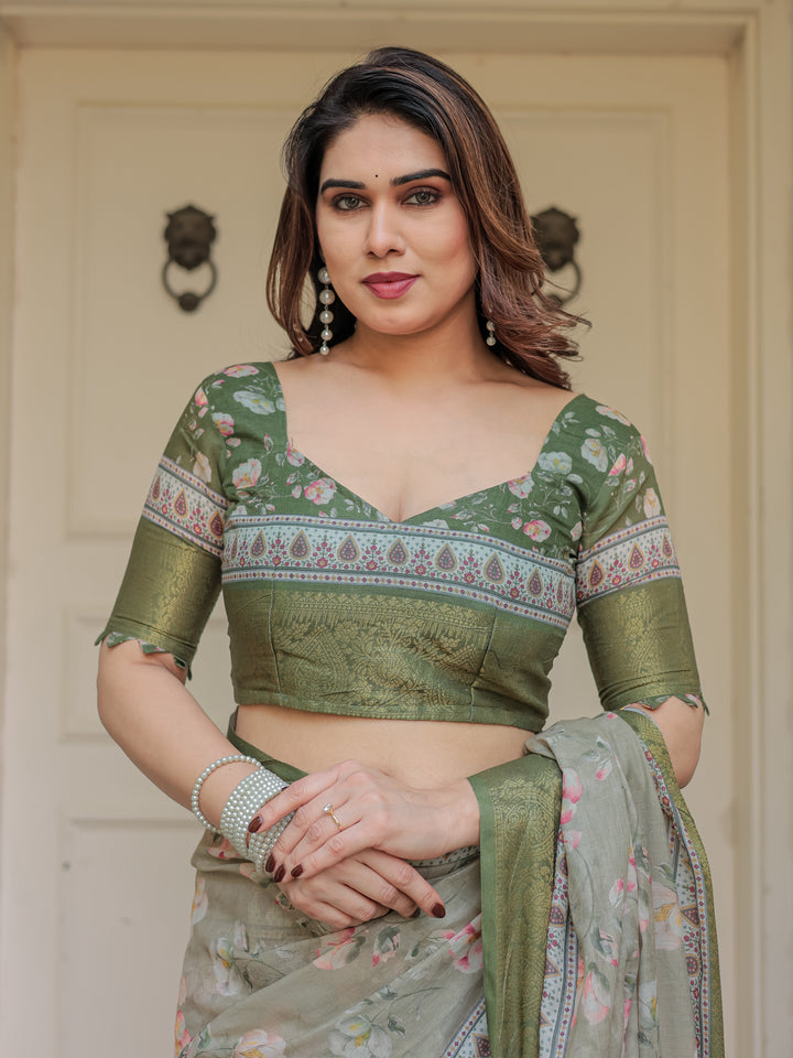 Olive Green Floral Printed Handloom Cotton Saree with Woven Zari Border & Traditional Pallu