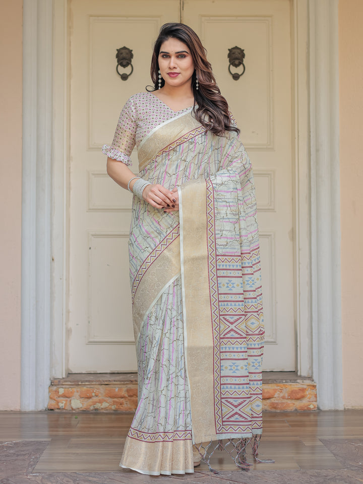Pastel Grey Geometric Printed Handloom Cotton Saree with Woven Zari Border & Ethnic Pallu
