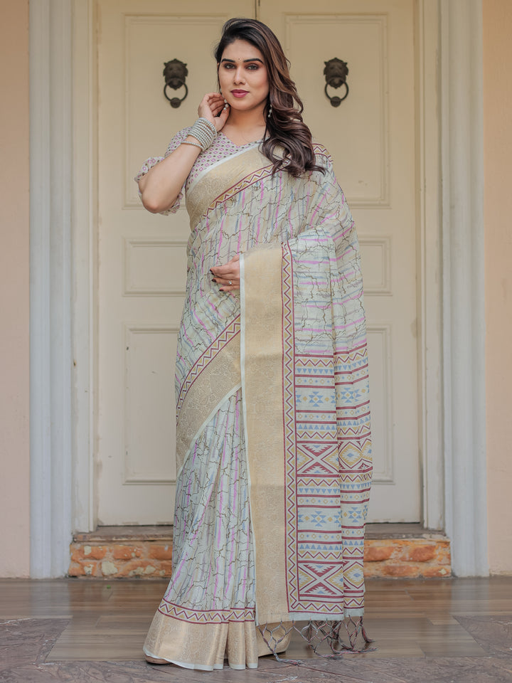Pastel Grey Geometric Printed Handloom Cotton Saree with Woven Zari Border & Ethnic Pallu