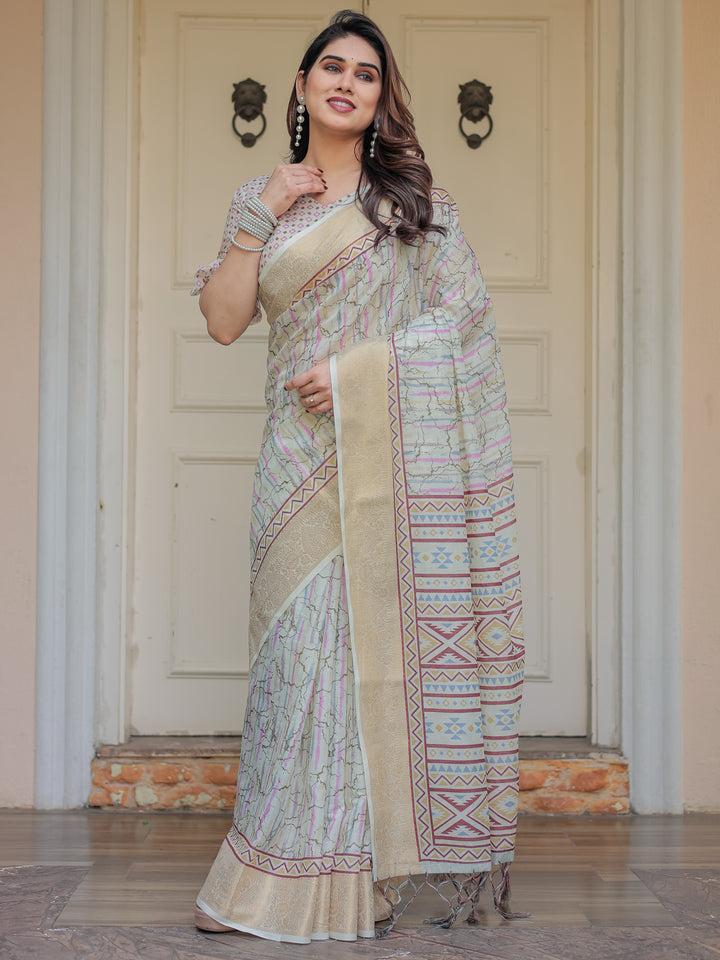 Pastel Grey Geometric Printed Handloom Cotton Saree with Woven Zari Border & Ethnic Pallu