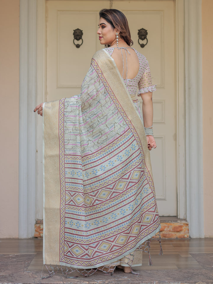 Pastel Grey Geometric Printed Handloom Cotton Saree with Woven Zari Border & Ethnic Pallu