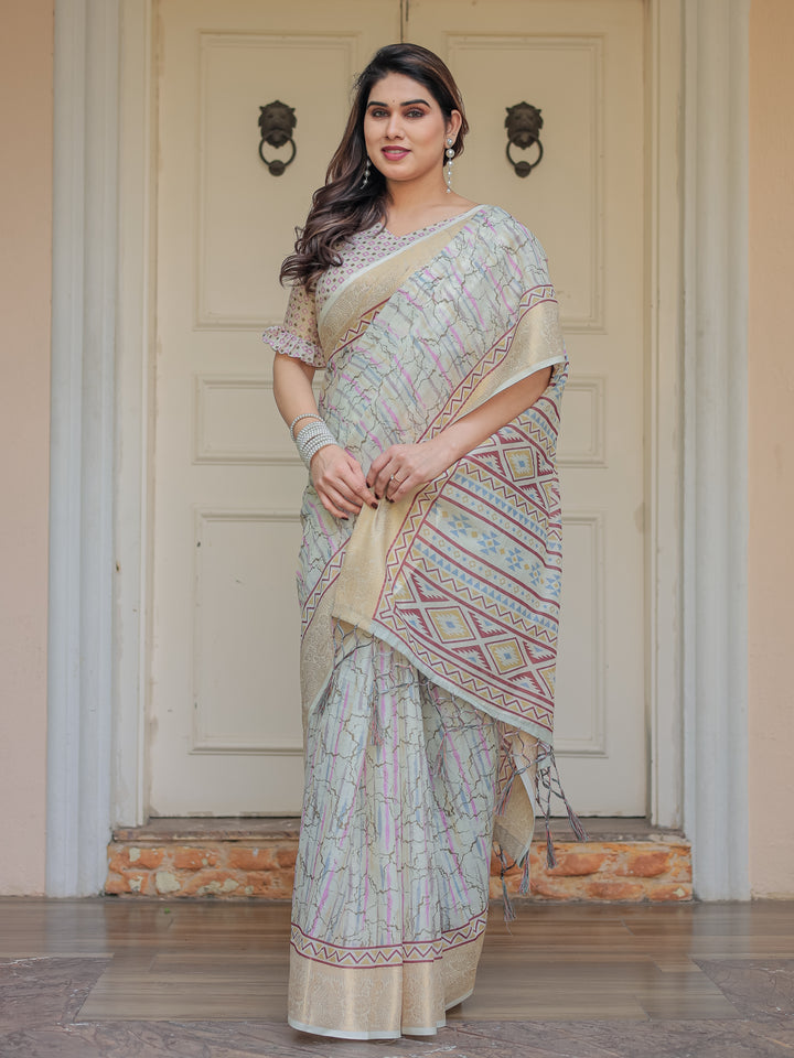 Pastel Grey Geometric Printed Handloom Cotton Saree with Woven Zari Border & Ethnic Pallu