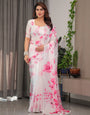 White Satin Georgette Pink Floral Printed Saree with Attached Blouse – Soft Flow Designer Saree for Elegant & Festive Wear