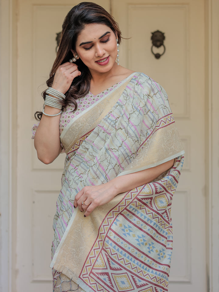 Pastel Grey Geometric Printed Handloom Cotton Saree with Woven Zari Border & Ethnic Pallu