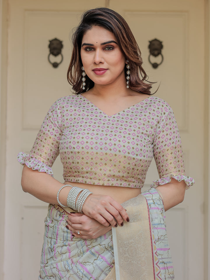 Pastel Grey Geometric Printed Handloom Cotton Saree with Woven Zari Border & Ethnic Pallu