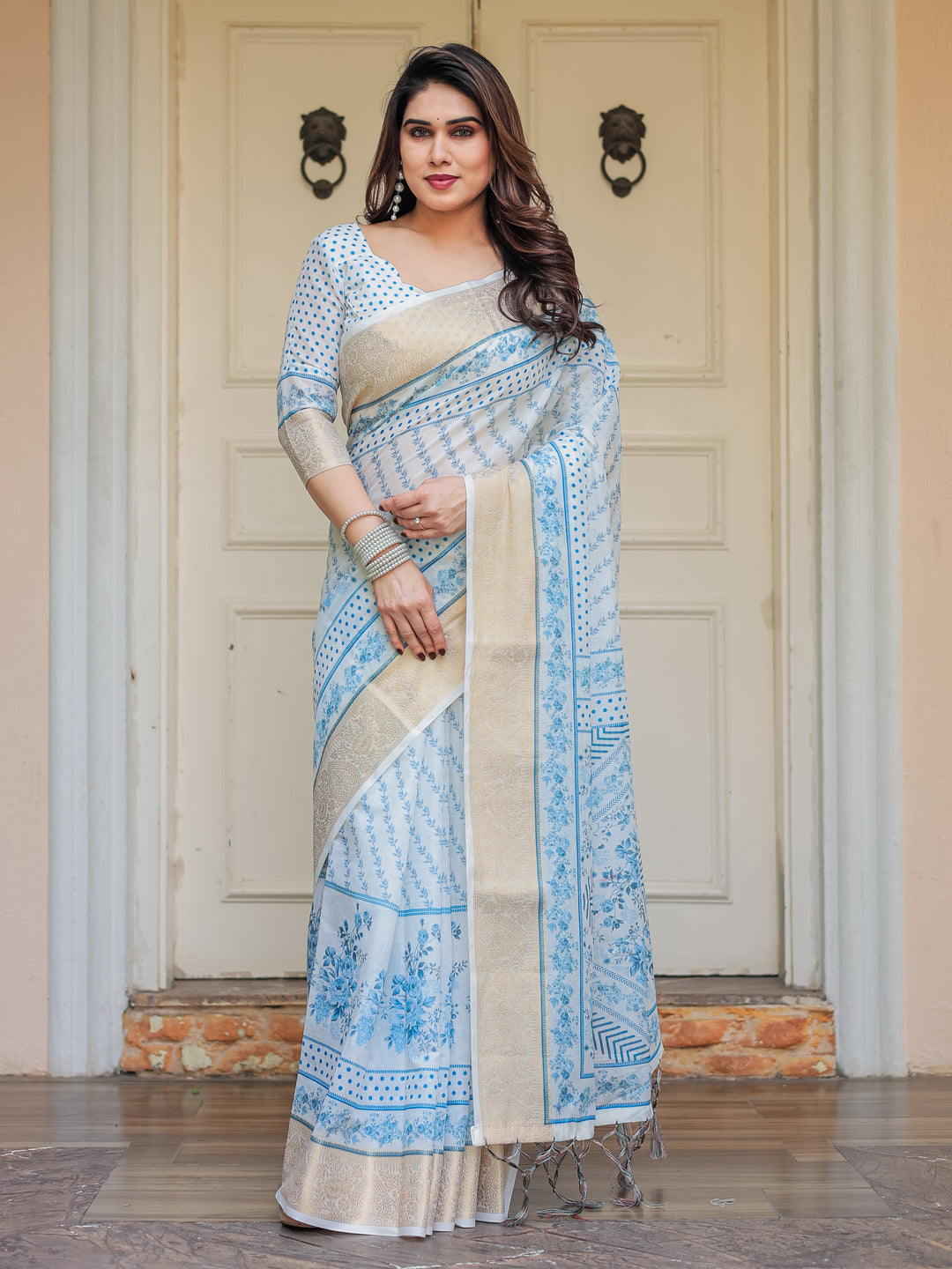 Sky Blue Floral Printed Handloom Cotton Saree with Woven Zari Border & Traditional Pallu