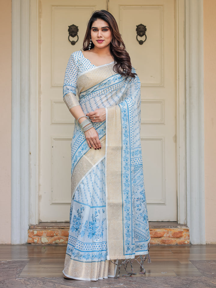 Sky Blue Floral Printed Handloom Cotton Saree with Woven Zari Border & Traditional Pallu