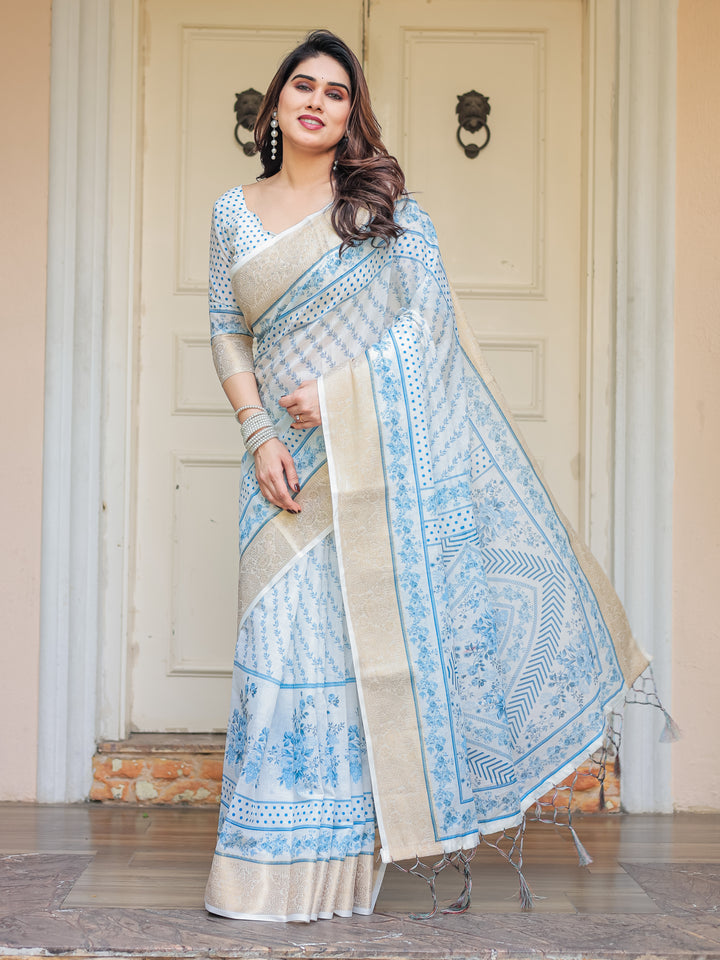 Sky Blue Floral Printed Handloom Cotton Saree with Woven Zari Border & Traditional Pallu