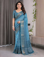Teal Blue Handloom Linen Saree with White Ethnic Motifs & Zari Border | Artistic Pallu & Tassel Finish | 5.5m Saree + 0.8m Blouse