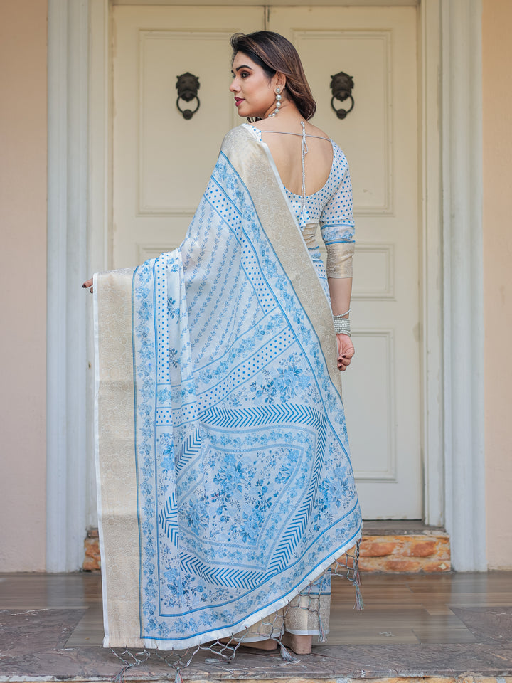 Sky Blue Floral Printed Handloom Cotton Saree with Woven Zari Border & Traditional Pallu