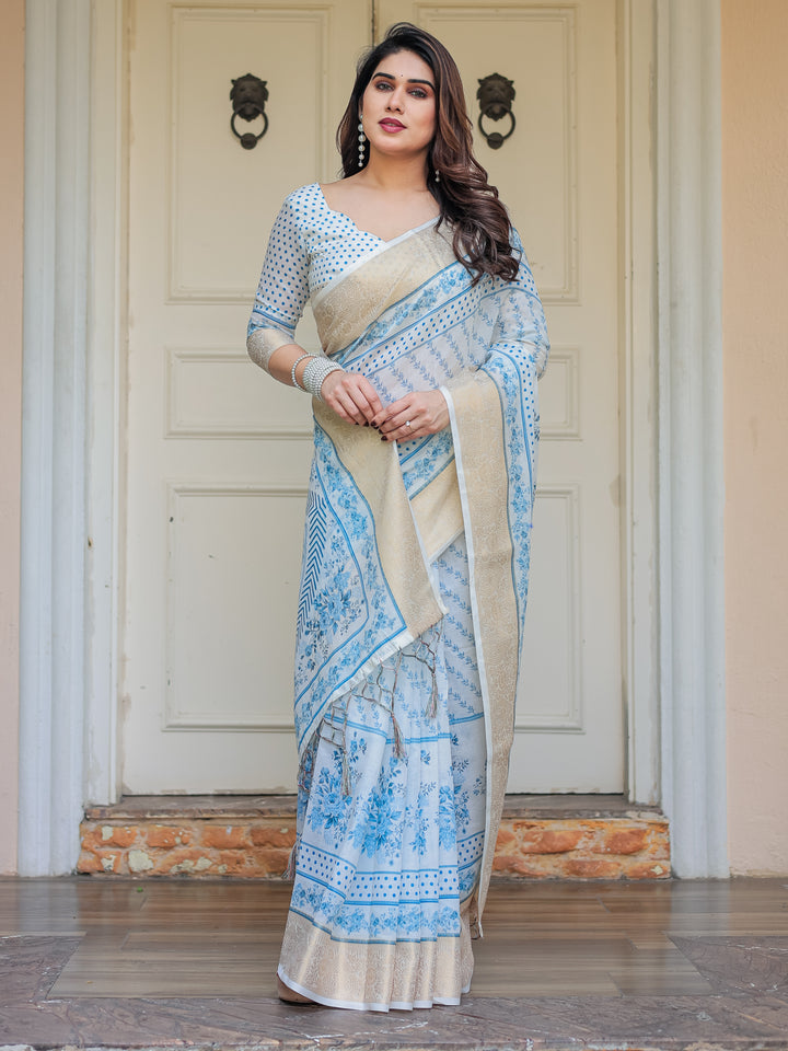 Sky Blue Floral Printed Handloom Cotton Saree with Woven Zari Border & Traditional Pallu