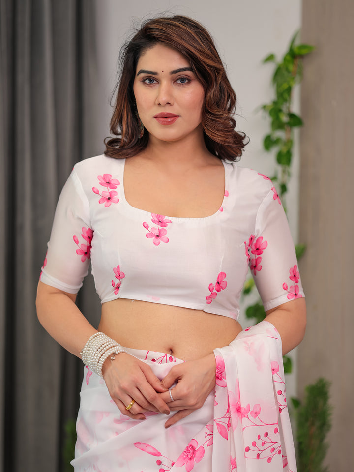 White Satin Georgette Pink Floral Printed Saree with Attached Blouse – Soft Flow Designer Saree for Elegant & Festive Wear
