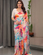 Ivory Satin Georgette Multicolor Abstract Floral Printed Saree with Attached Blouse – Flowing Designer Saree for Festive & Party Wear