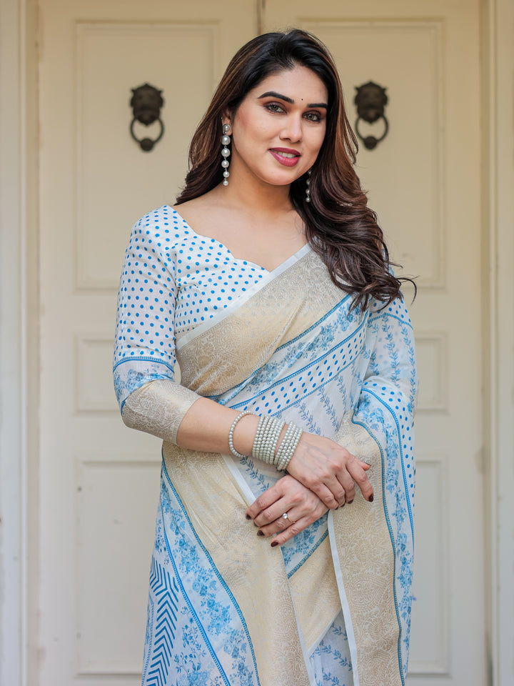 Sky Blue Floral Printed Handloom Cotton Saree with Woven Zari Border & Traditional Pallu
