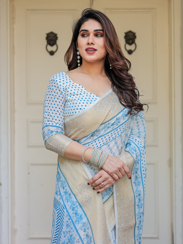 Sky Blue Floral Printed Handloom Cotton Saree with Woven Zari Border & Traditional Pallu