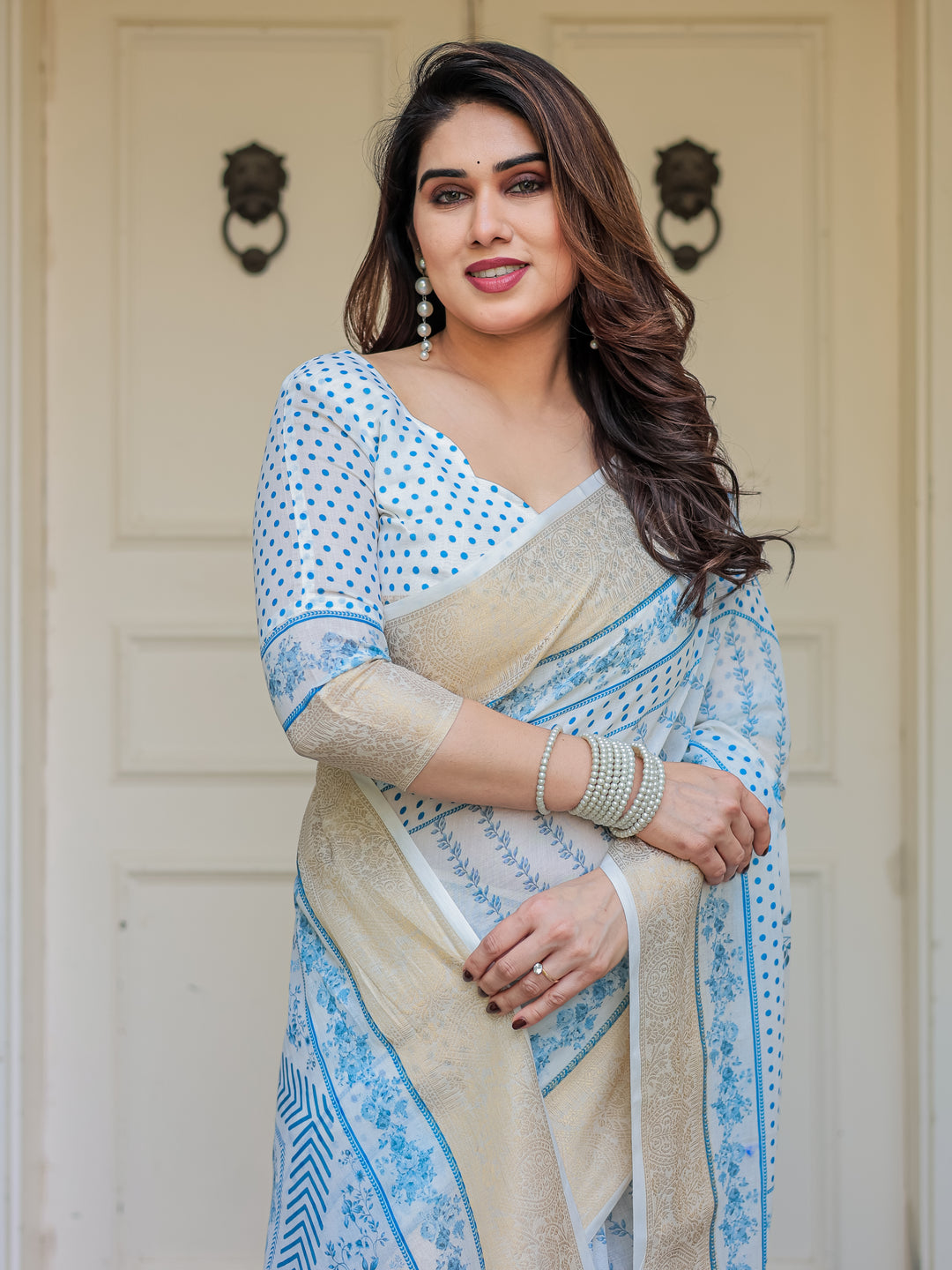Sky Blue Floral Printed Handloom Cotton Saree with Woven Zari Border & Traditional Pallu