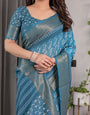 Teal Blue Handloom Linen Saree with White Ethnic Motifs & Zari Border | Artistic Pallu & Tassel Finish | 5.5m Saree + 0.8m Blouse