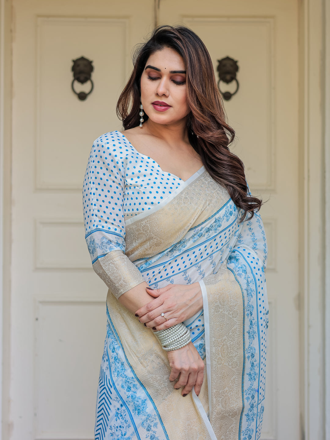 Sky Blue Floral Printed Handloom Cotton Saree with Woven Zari Border & Traditional Pallu