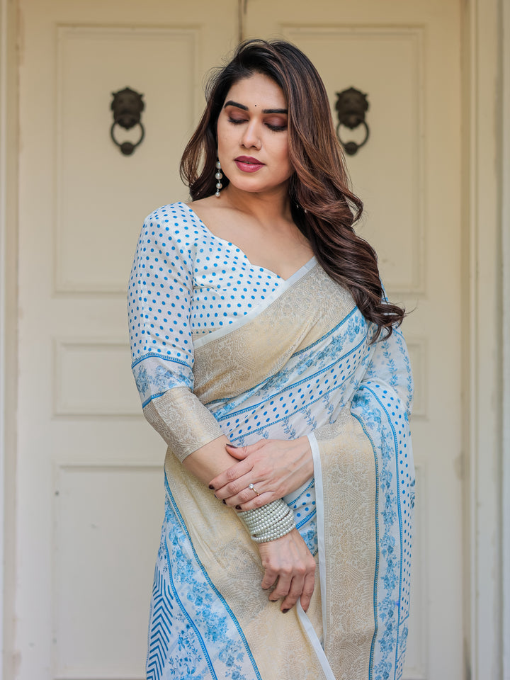 Sky Blue Floral Printed Handloom Cotton Saree with Woven Zari Border & Traditional Pallu