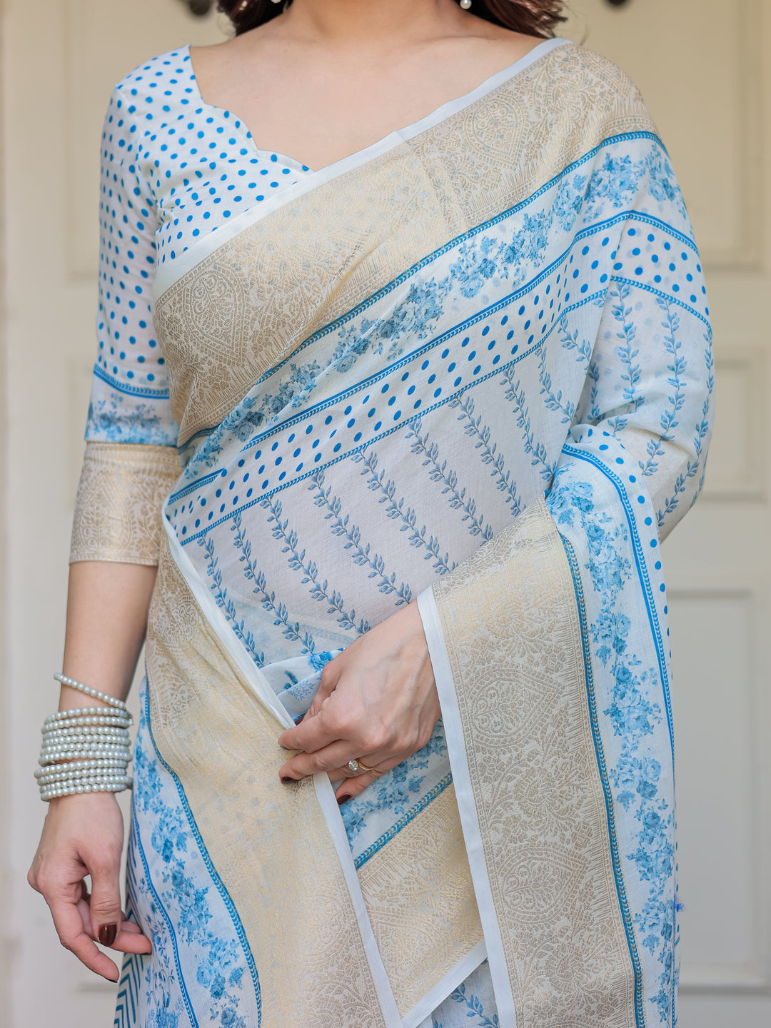 Sky Blue Floral Printed Handloom Cotton Saree with Woven Zari Border & Traditional Pallu