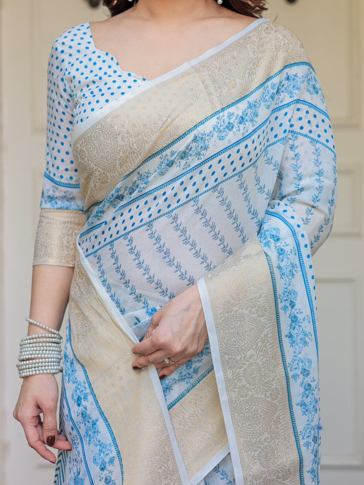 Sky Blue Floral Printed Handloom Cotton Saree with Woven Zari Border & Traditional Pallu
