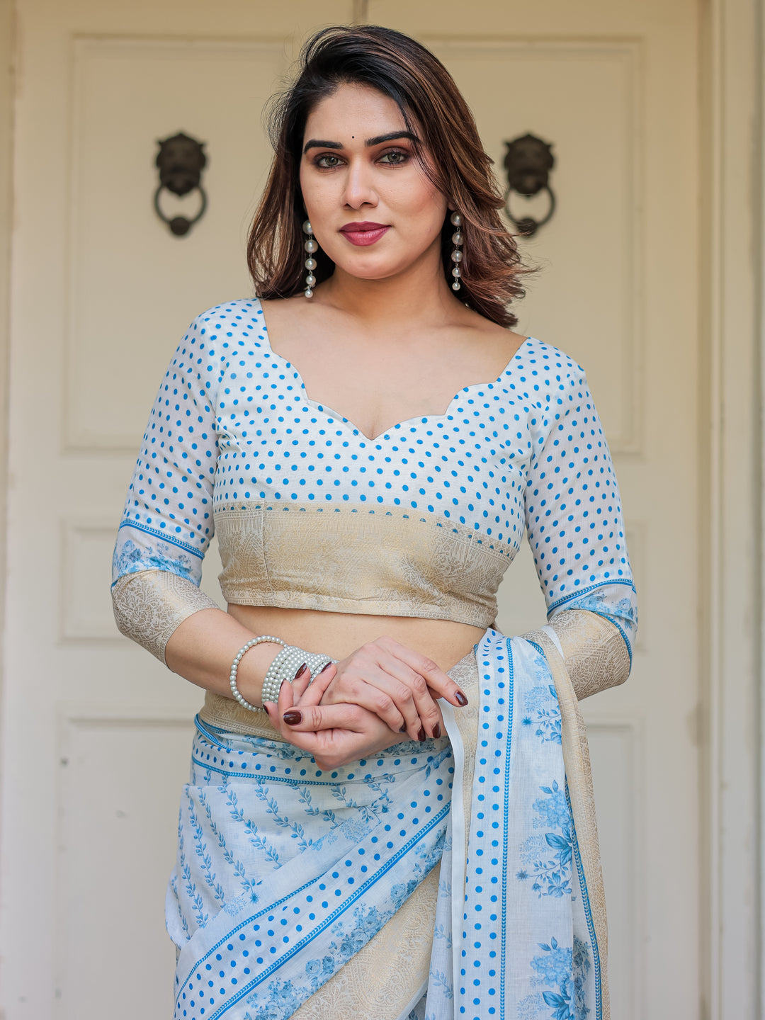 Sky Blue Floral Printed Handloom Cotton Saree with Woven Zari Border & Traditional Pallu