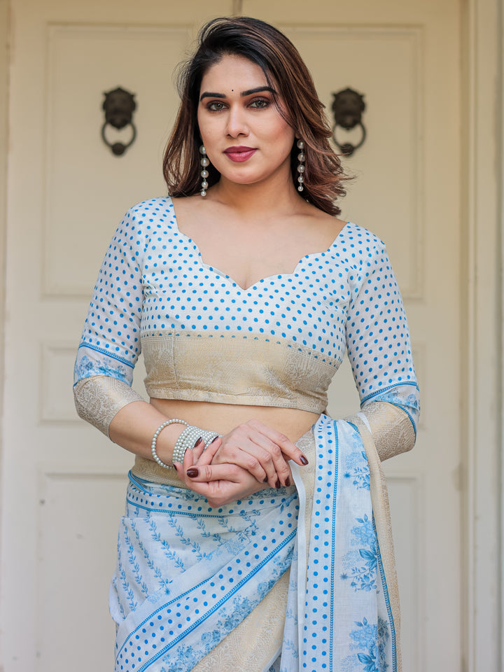 Sky Blue Floral Printed Handloom Cotton Saree with Woven Zari Border & Traditional Pallu