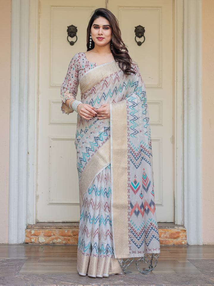 Beige Multicolour Tribal Printed Handloom Cotton Saree with Woven Zari Border & Ethnic Pallu