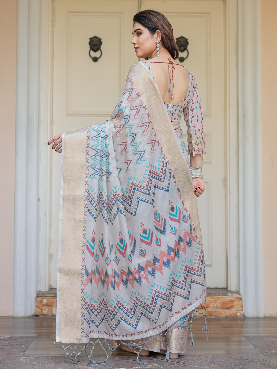 Beige Multicolour Tribal Printed Handloom Cotton Saree with Woven Zari Border & Ethnic Pallu