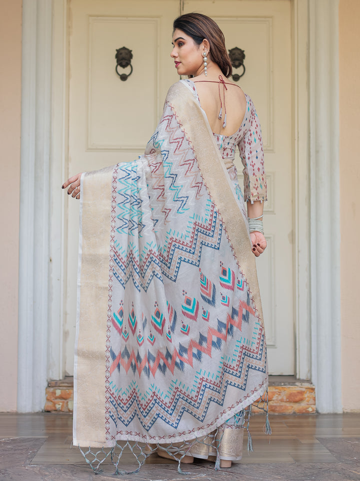 Beige Multicolour Tribal Printed Handloom Cotton Saree with Woven Zari Border & Ethnic Pallu