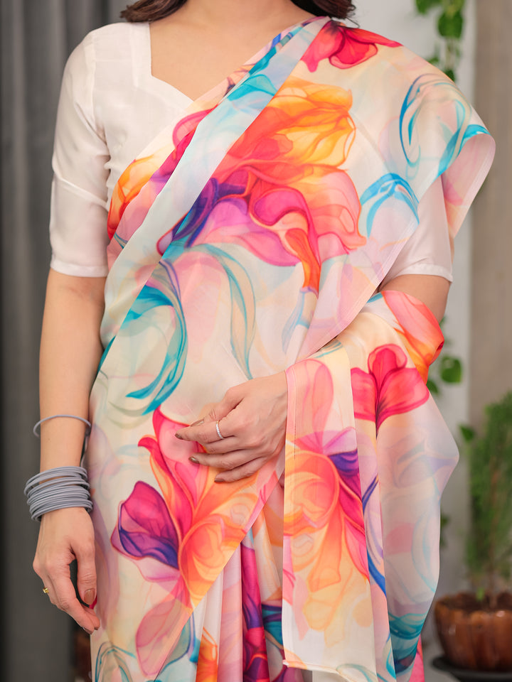 Ivory Satin Georgette Multicolor Abstract Floral Printed Saree with Attached Blouse – Flowing Designer Saree for Festive & Party Wear