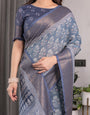 Slate Blue Handloom Linen Floral Printed Saree with Zari Border & Paisley Pallu | 5.5m Saree with 0.8m Blouse Piece | Tassel Finish