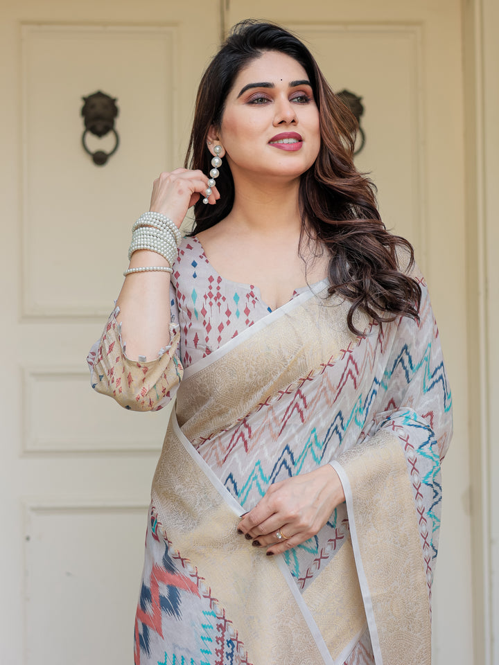 Beige Multicolour Tribal Printed Handloom Cotton Saree with Woven Zari Border & Ethnic Pallu