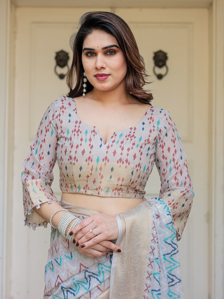 Beige Multicolour Tribal Printed Handloom Cotton Saree with Woven Zari Border & Ethnic Pallu