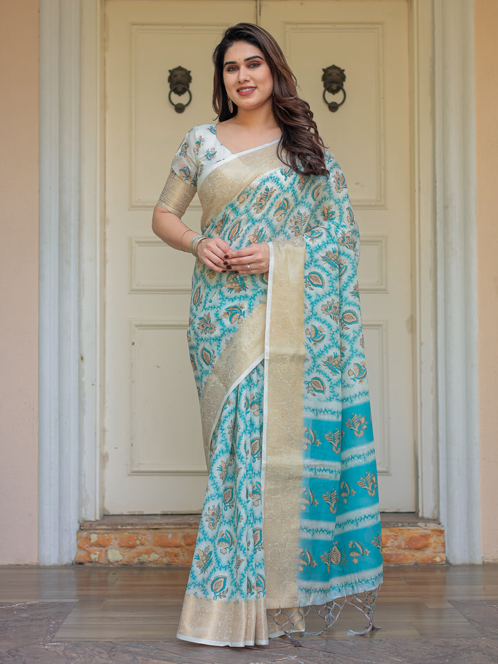 Turquoise Blue Handloom Cotton Printed Saree with Zari Border & Tassel Detailing – Traditional Ethnic Wear