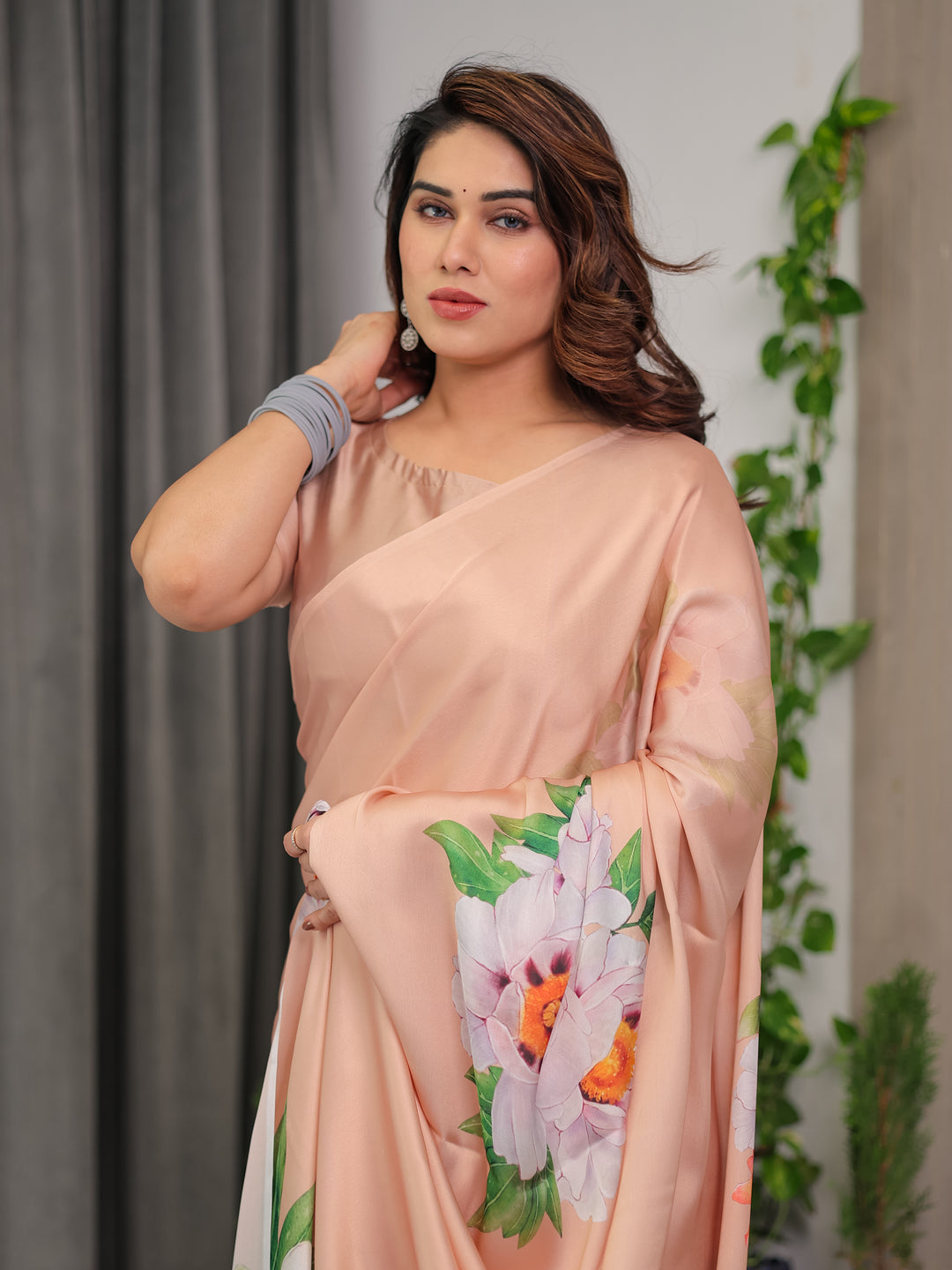 Peach Satin Georgette Floral Printed Saree with Attached Blouse – Soft Pastel Designer Saree for Festive & Elegant Wear