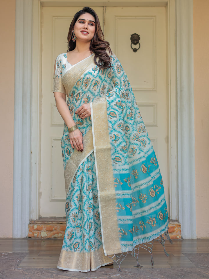Turquoise Blue Handloom Cotton Printed Saree with Zari Border & Tassel Detailing – Traditional Ethnic Wear