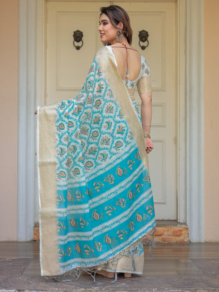 Turquoise Blue Handloom Cotton Printed Saree with Zari Border & Tassel Detailing – Traditional Ethnic Wear