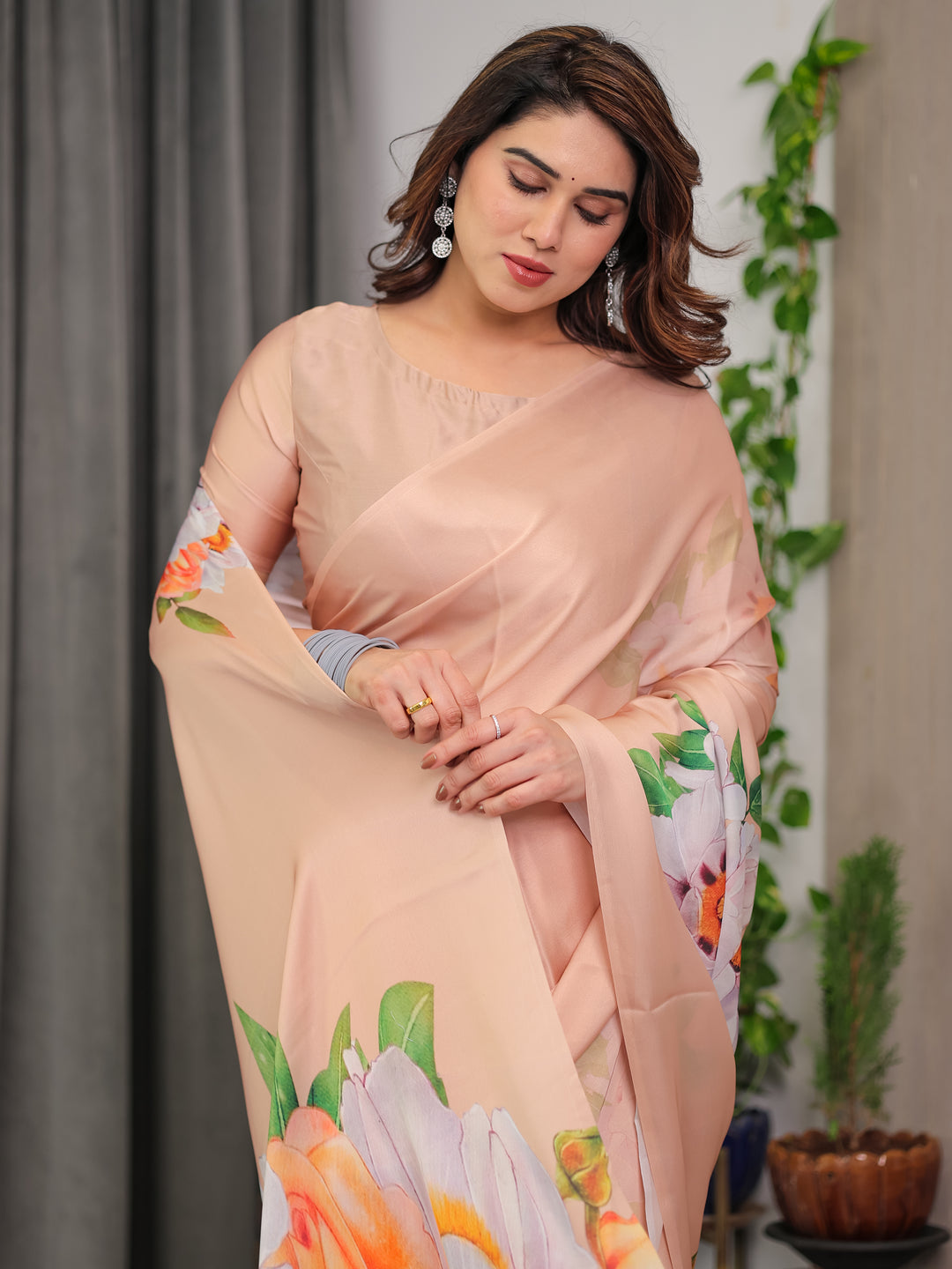 Peach Satin Georgette Floral Printed Saree with Attached Blouse – Soft Pastel Designer Saree for Festive & Elegant Wear