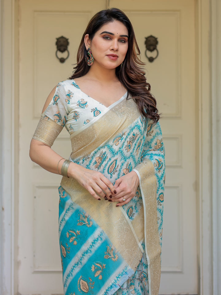 Turquoise Blue Handloom Cotton Printed Saree with Zari Border & Tassel Detailing – Traditional Ethnic Wear
