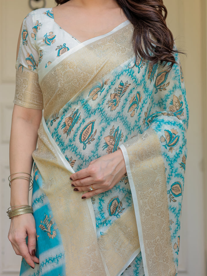 Turquoise Blue Handloom Cotton Printed Saree with Zari Border & Tassel Detailing – Traditional Ethnic Wear