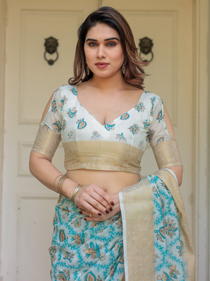 Turquoise Blue Handloom Cotton Printed Saree with Zari Border & Tassel Detailing – Traditional Ethnic Wear