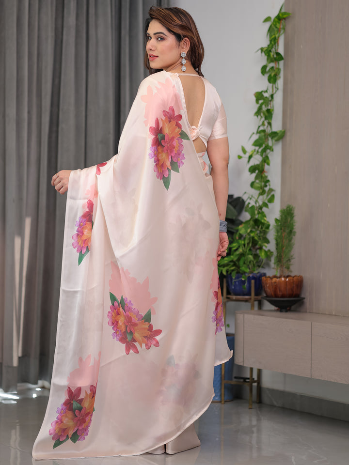 Blush Peach Satin Georgette Floral Printed Saree with Attached Blouse – Soft Pastel Designer Saree for Elegant & Festive Wear