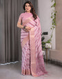 Dusty Pink Linen Handloom Saree with White Geometric Stripes & Tribal Pattern Pallu | Zari Border | 5.5m Saree + 0.8m Blouse with Tassels