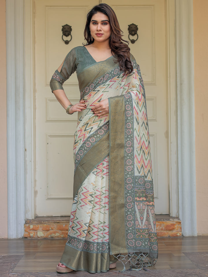 Olive Green Ikat & Ethnic Printed Handloom Cotton Saree with Rich Zari Border & Traditional Pallu