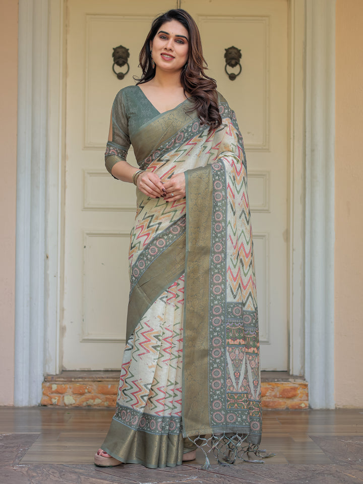 Olive Green Ikat & Ethnic Printed Handloom Cotton Saree with Rich Zari Border & Traditional Pallu