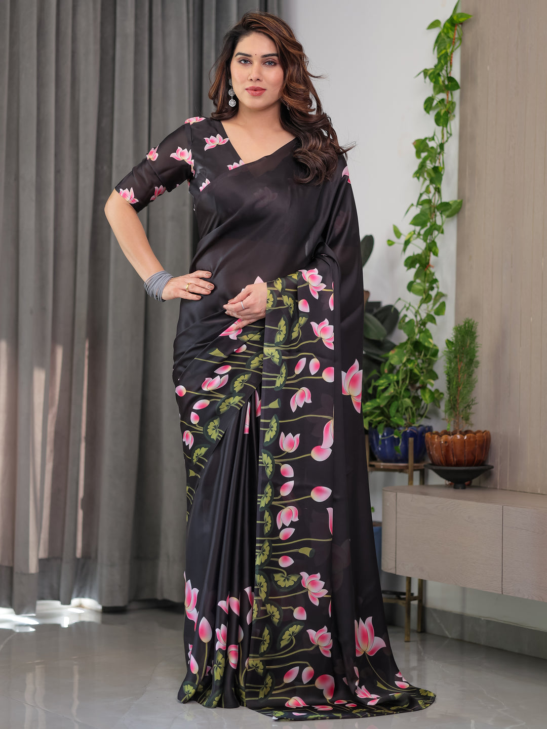 Black Satin Georgette Lotus Floral Printed Saree with Attached Blouse – Elegant Designer Saree for Festive & Evening Wear